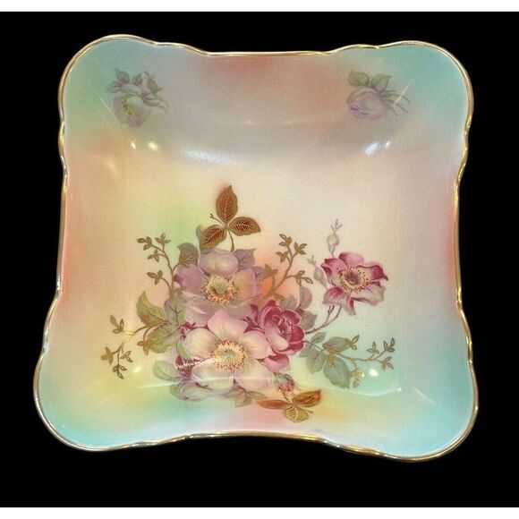 Bavaria Schumann Arzberg Square Bowl Wild Rose Gold Rim Floral Matte Vintage - Picture 1 of 4